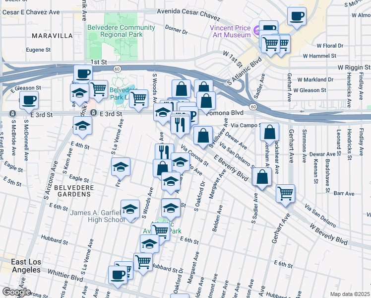 map of restaurants, bars, coffee shops, grocery stores, and more near 5220 Via Corona Street in Los Angeles