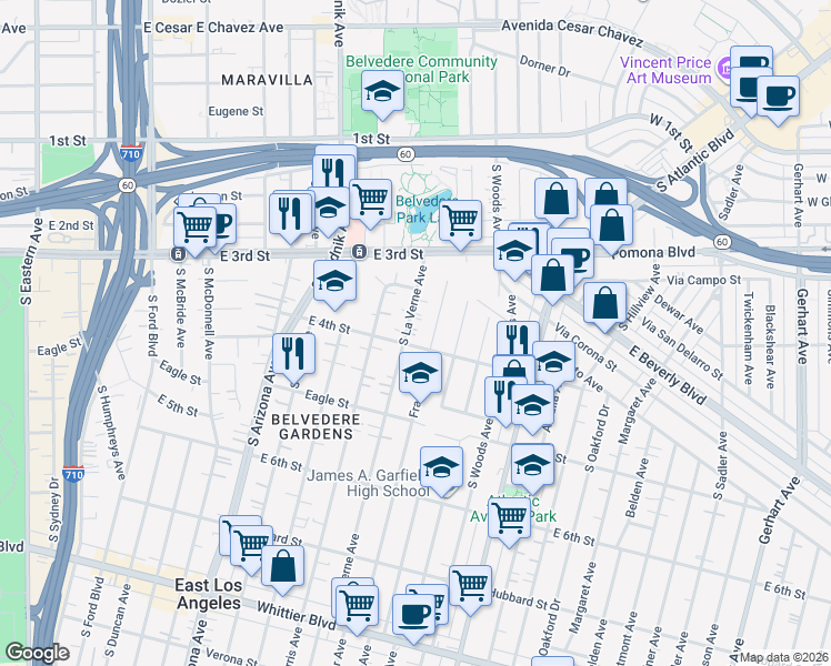 map of restaurants, bars, coffee shops, grocery stores, and more near 395 South La Verne Avenue in Los Angeles