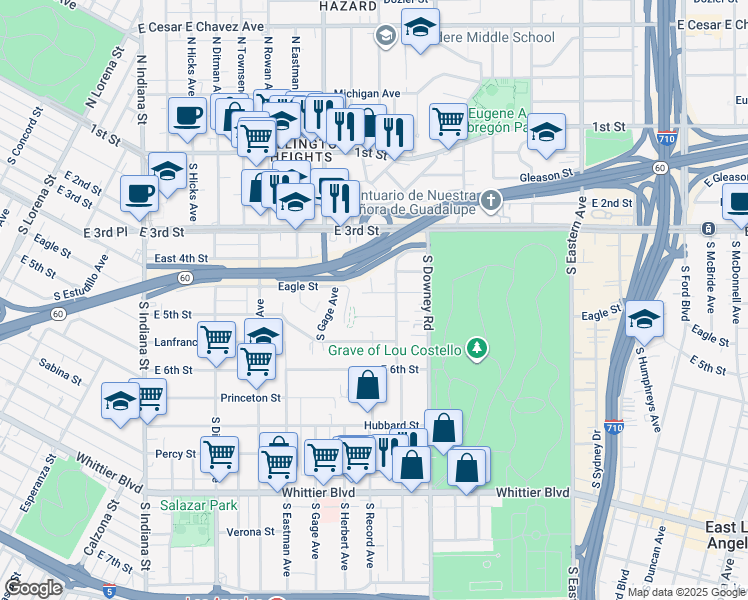 map of restaurants, bars, coffee shops, grocery stores, and more near 441 South Bonnie Beach Place in Los Angeles