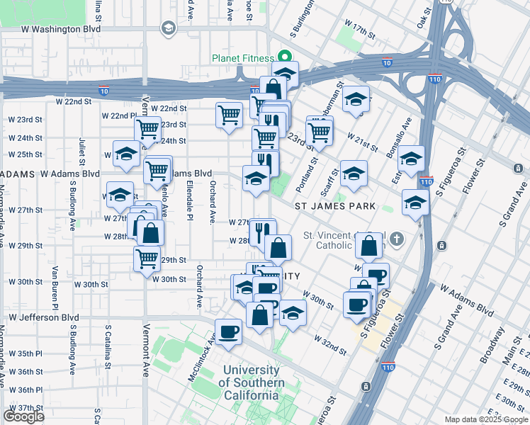 map of restaurants, bars, coffee shops, grocery stores, and more near 2653 Hoover Street in Los Angeles