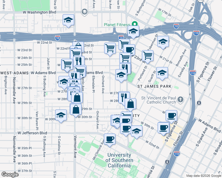 map of restaurants, bars, coffee shops, grocery stores, and more near in Los Angeles
