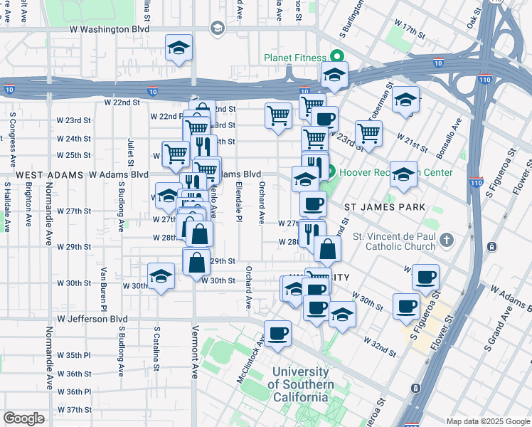 map of restaurants, bars, coffee shops, grocery stores, and more near in Los Angeles
