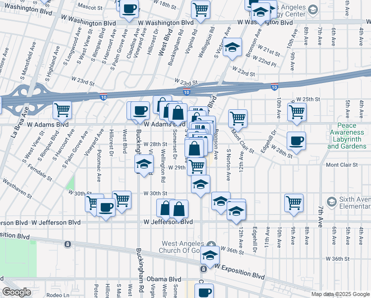 map of restaurants, bars, coffee shops, grocery stores, and more near 2819 South Victoria Avenue in Los Angeles