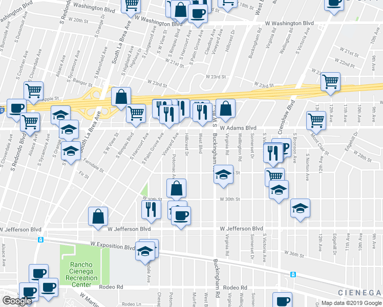 map of restaurants, bars, coffee shops, grocery stores, and more near 2818 Hillcrest Drive in Los Angeles