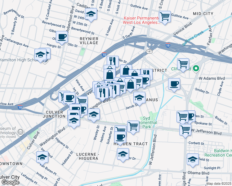 map of restaurants, bars, coffee shops, grocery stores, and more near 8601 Washington Boulevard in Culver City
