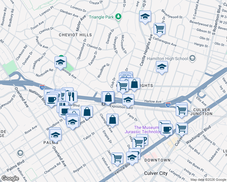 map of restaurants, bars, coffee shops, grocery stores, and more near 3431 Club Drive in Los Angeles