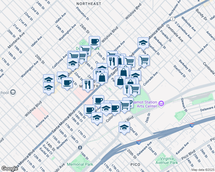 map of restaurants, bars, coffee shops, grocery stores, and more near 1425 Cloverfield Boulevard in Santa Monica