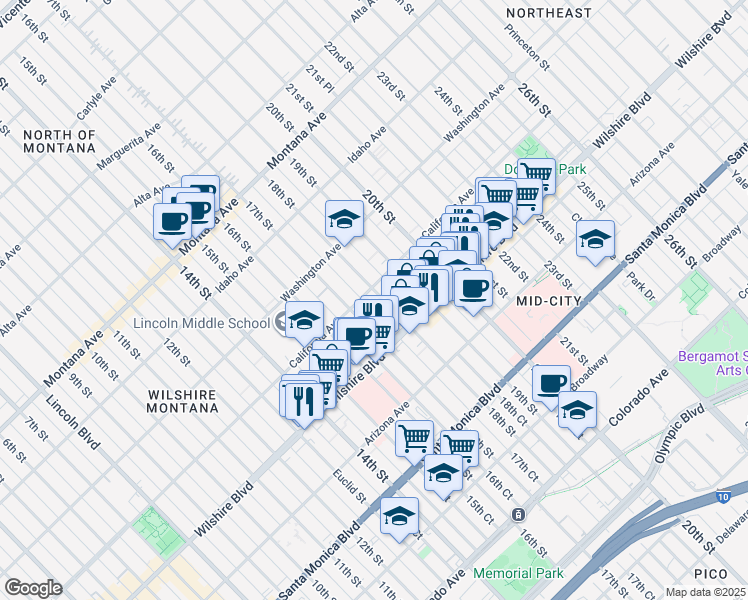 map of restaurants, bars, coffee shops, grocery stores, and more near 1122 18th Street in Santa Monica