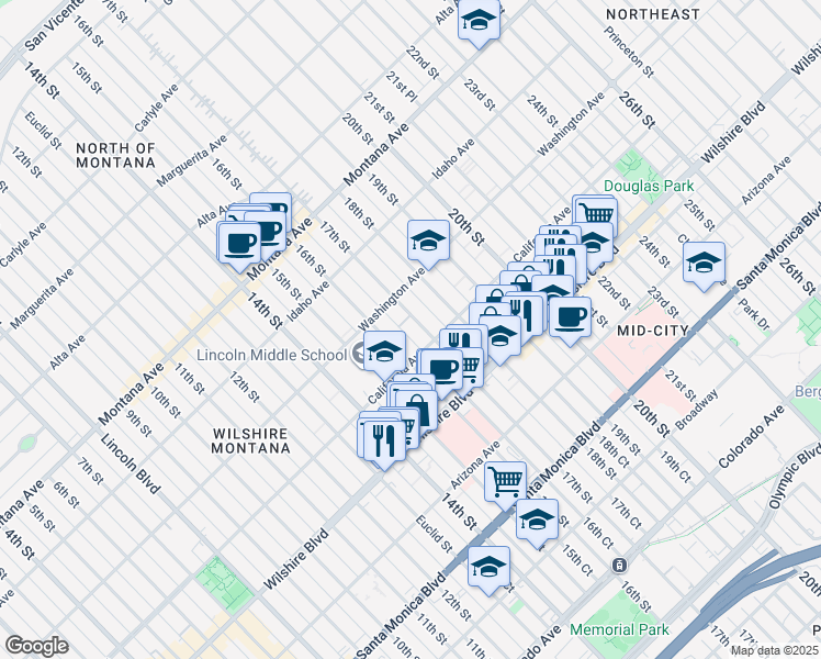 map of restaurants, bars, coffee shops, grocery stores, and more near 1629 California Avenue in Santa Monica