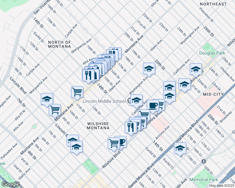 map of restaurants, bars, coffee shops, grocery stores, and more near 925 14th Street in Santa Monica