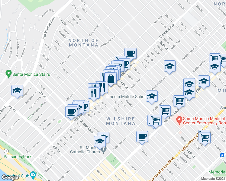 map of restaurants, bars, coffee shops, grocery stores, and more near 832 Euclid Street in Santa Monica