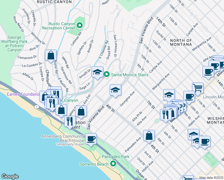map of restaurants, bars, coffee shops, grocery stores, and more near 437 San Vicente Boulevard in Santa Monica