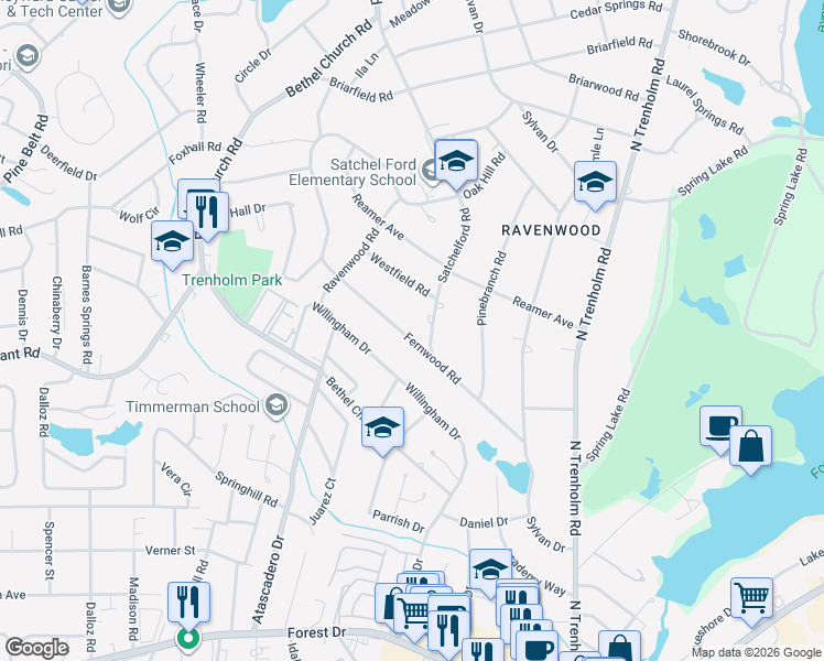 map of restaurants, bars, coffee shops, grocery stores, and more near 4715 Fernwood Road in Columbia