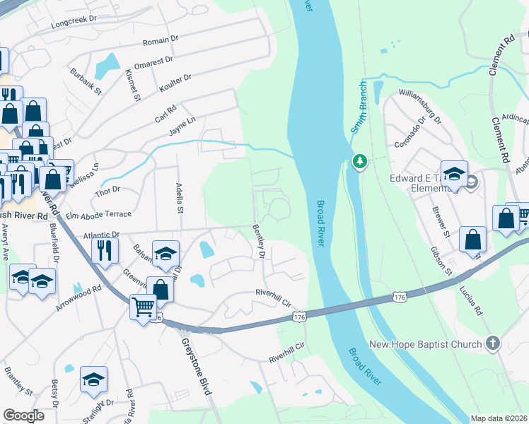 map of restaurants, bars, coffee shops, grocery stores, and more near 101 River Bluff Court in Columbia