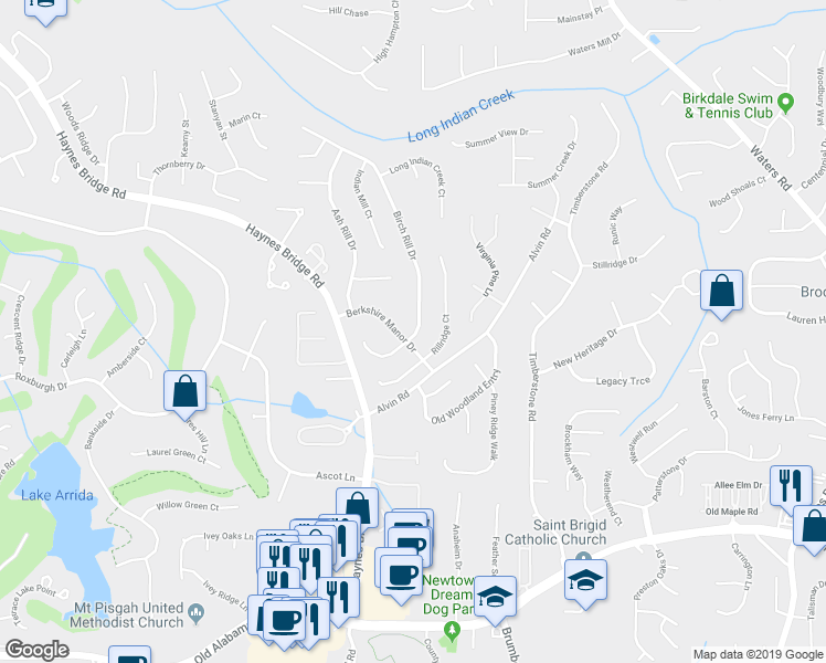 map of restaurants, bars, coffee shops, grocery stores, and more near 10260 Rillridge Court in Alpharetta