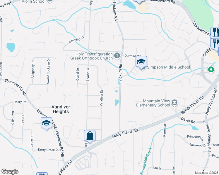 map of restaurants, bars, coffee shops, grocery stores, and more near 3325 Trickum Road in Marietta