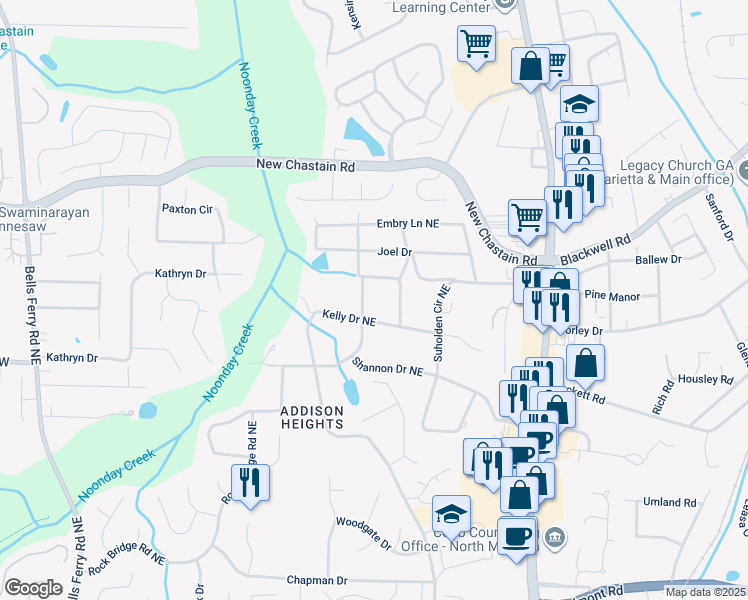 map of restaurants, bars, coffee shops, grocery stores, and more near 3266 Guynelle Drive Northeast in Marietta