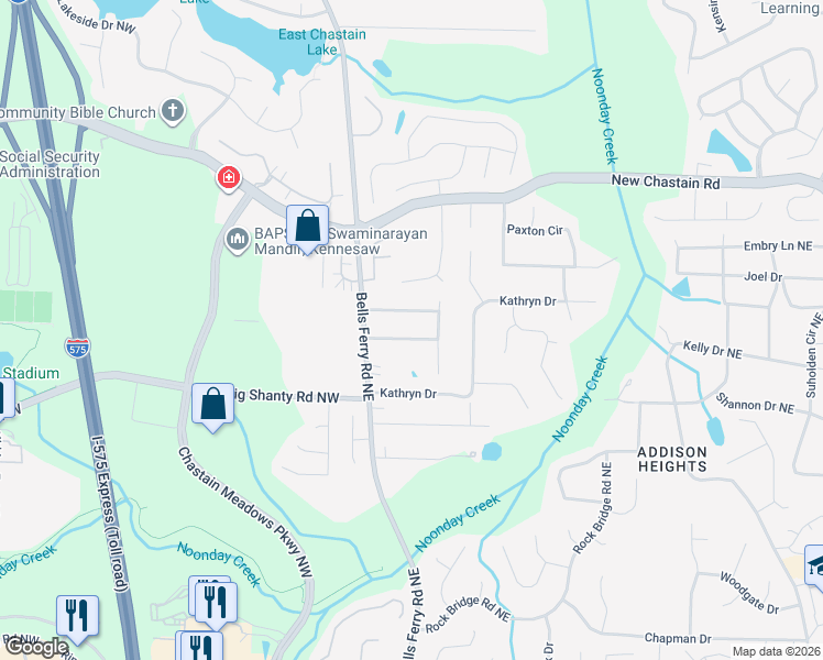map of restaurants, bars, coffee shops, grocery stores, and more near 99 Christine Drive Northeast in Marietta