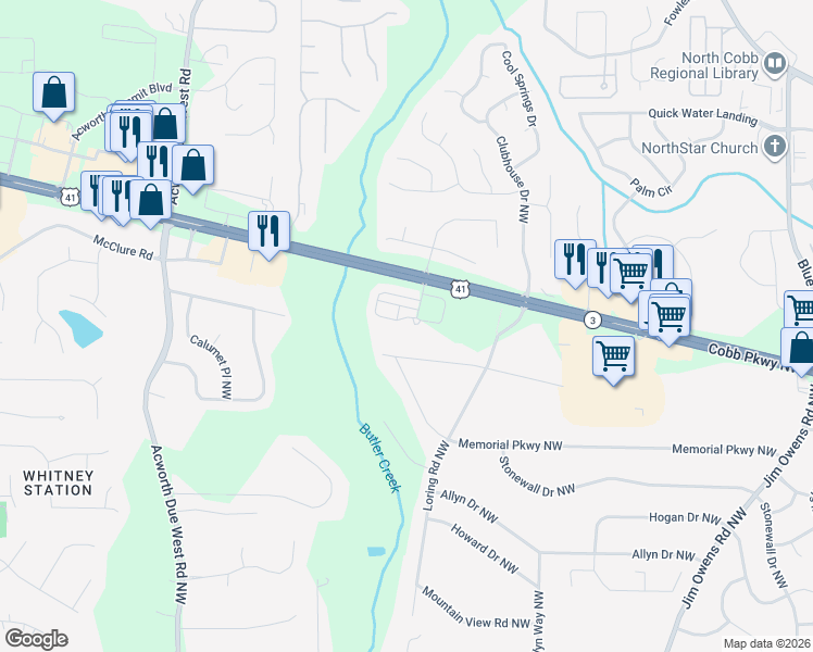 map of restaurants, bars, coffee shops, grocery stores, and more near 4024 Cyrus Crest Circle Northwest in Kennesaw