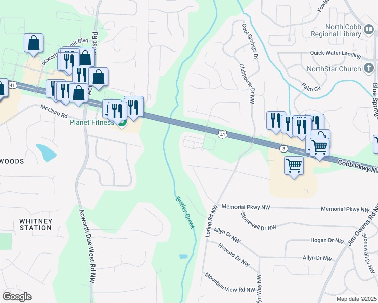 map of restaurants, bars, coffee shops, grocery stores, and more near 4006 Hardee Drive Northwest in Kennesaw