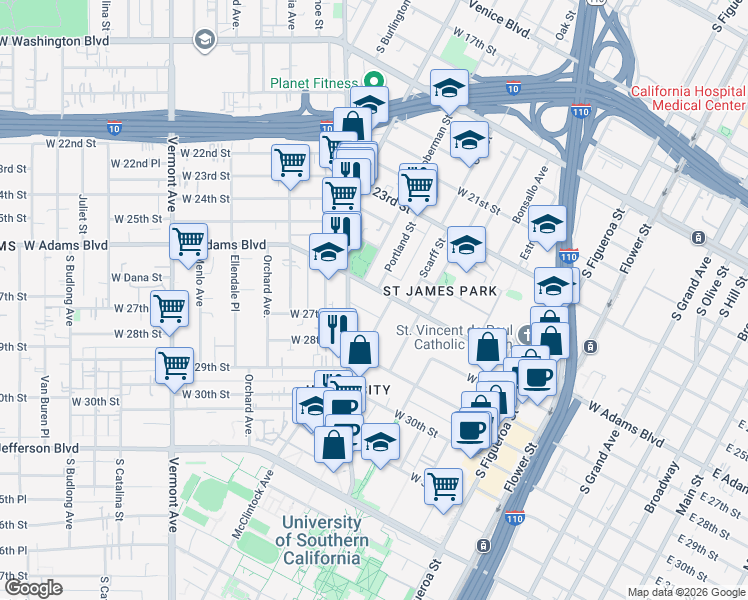 map of restaurants, bars, coffee shops, grocery stores, and more near 946 West Adams Boulevard in Los Angeles