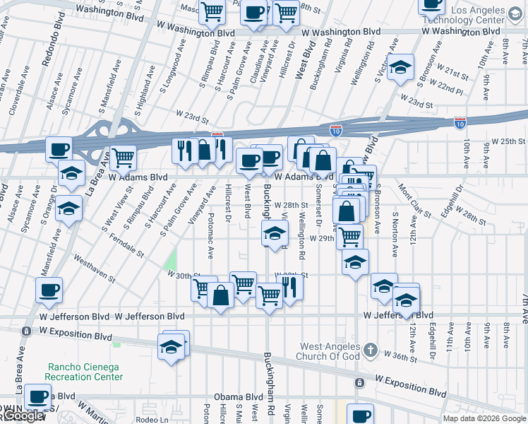 map of restaurants, bars, coffee shops, grocery stores, and more near 2817 Buckingham Road in Los Angeles