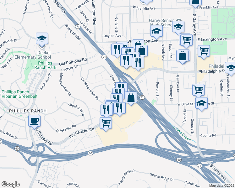 map of restaurants, bars, coffee shops, grocery stores, and more near 54 Deer Creek Road in Pomona