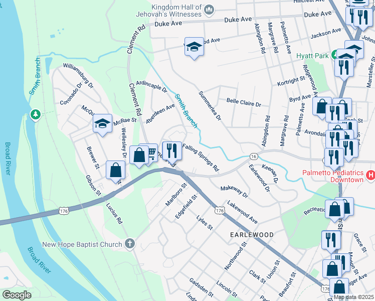 map of restaurants, bars, coffee shops, grocery stores, and more near 3637 Falling Springs Road in Columbia