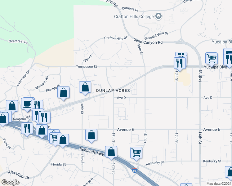 map of restaurants, bars, coffee shops, grocery stores, and more near 31951 Yucaipa Boulevard in Yucaipa