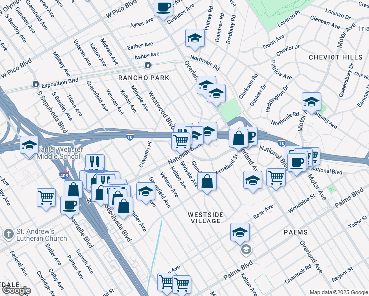 map of restaurants, bars, coffee shops, grocery stores, and more near 19451/2 Westwood Boulevard in Los Angeles
