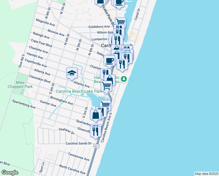 map of restaurants, bars, coffee shops, grocery stores, and more near 400 Lake Park Boulevard South in Carolina Beach