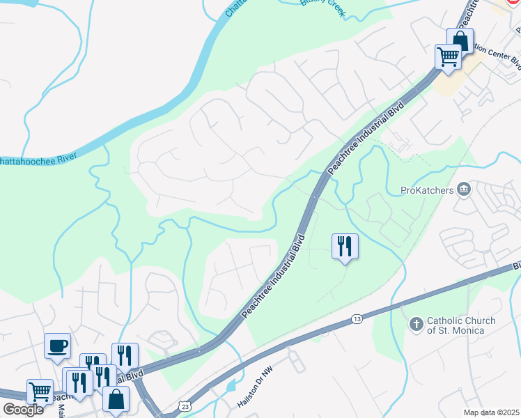 map of restaurants, bars, coffee shops, grocery stores, and more near 1731 River Bluff View in Duluth