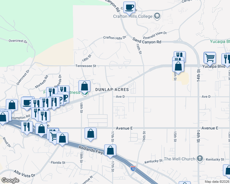 map of restaurants, bars, coffee shops, grocery stores, and more near 31951 Yucaipa Boulevard in Yucaipa