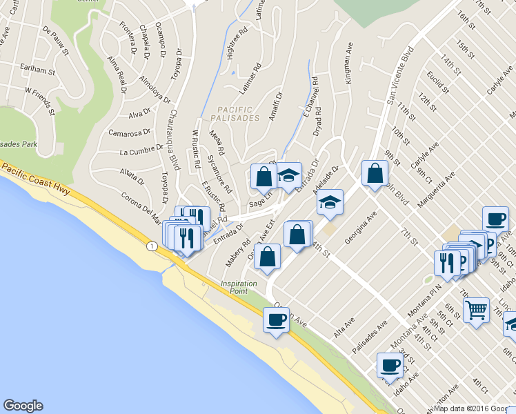 map of restaurants, bars, coffee shops, grocery stores, and more near 345 West Channel Road in Santa Monica