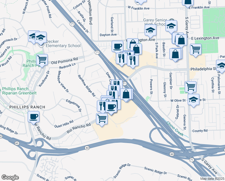 map of restaurants, bars, coffee shops, grocery stores, and more near 54 Deer Creek Road in Pomona