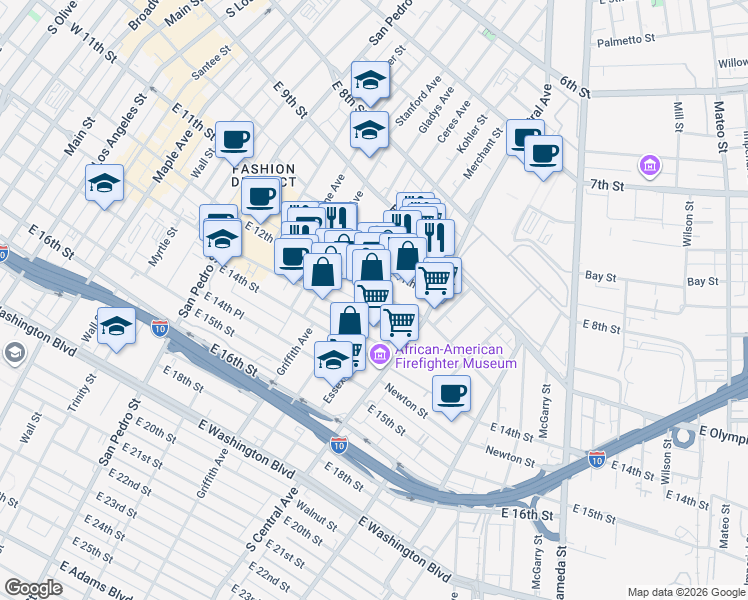 map of restaurants, bars, coffee shops, grocery stores, and more near 1105 East Pico Boulevard in Los Angeles