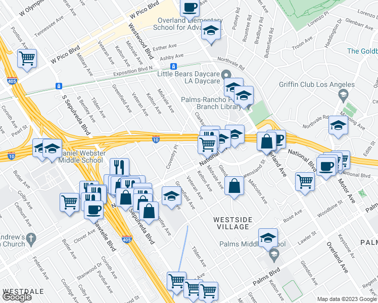 map of restaurants, bars, coffee shops, grocery stores, and more near 2944 Kelton Avenue in Los Angeles