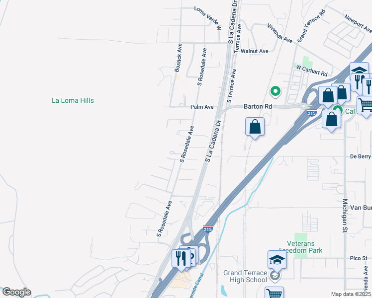 map of restaurants, bars, coffee shops, grocery stores, and more near South Rosedale Avenue in Colton