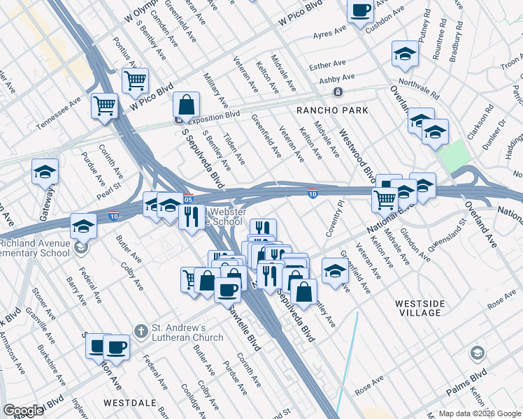 map of restaurants, bars, coffee shops, grocery stores, and more near 2755 South Bentley Avenue in Los Angeles