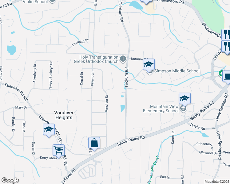 map of restaurants, bars, coffee shops, grocery stores, and more near 3325 Trickum Road in Marietta