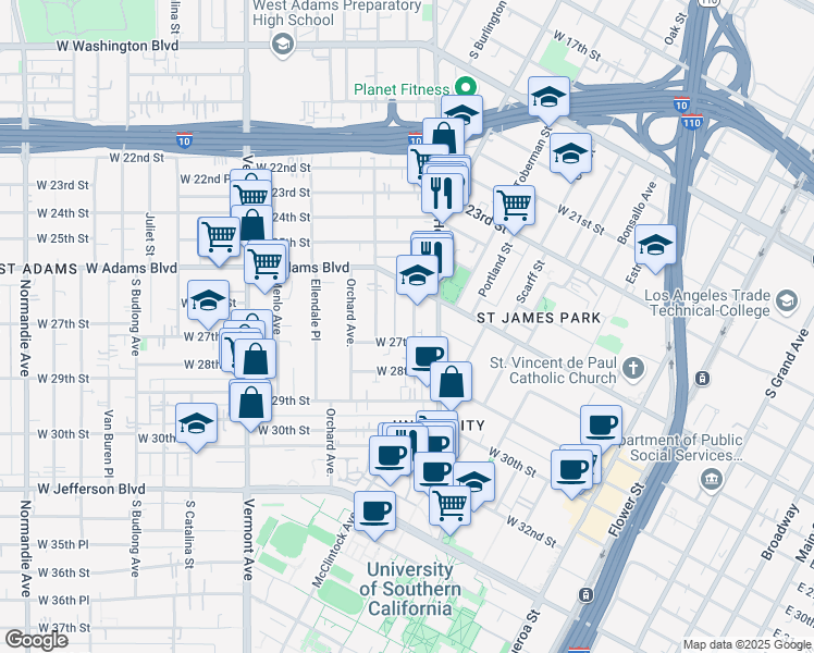 map of restaurants, bars, coffee shops, grocery stores, and more near 2643 Monmouth Avenue in Los Angeles