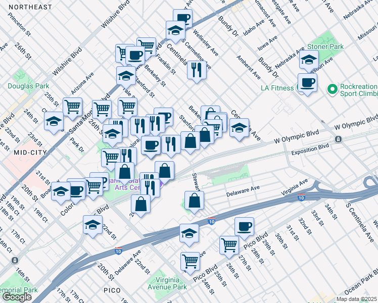 map of restaurants, bars, coffee shops, grocery stores, and more near 1735 Stewart Street in Santa Monica