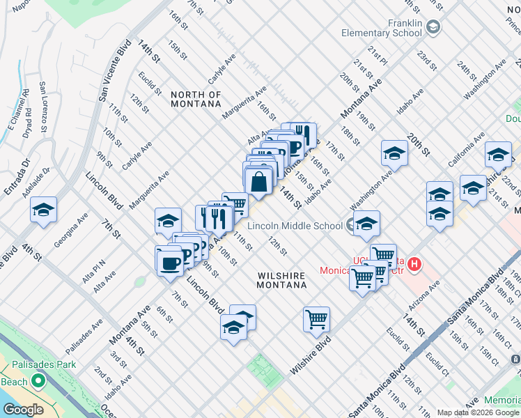 map of restaurants, bars, coffee shops, grocery stores, and more near 812 Euclid Street in Santa Monica