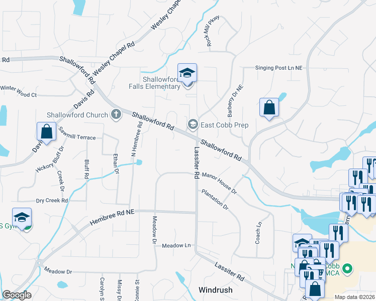 map of restaurants, bars, coffee shops, grocery stores, and more near 3870 Shallowford Road in Marietta