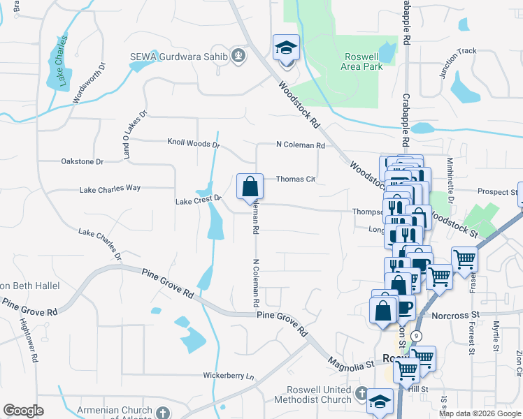 map of restaurants, bars, coffee shops, grocery stores, and more near 1175 North Coleman Road in Roswell