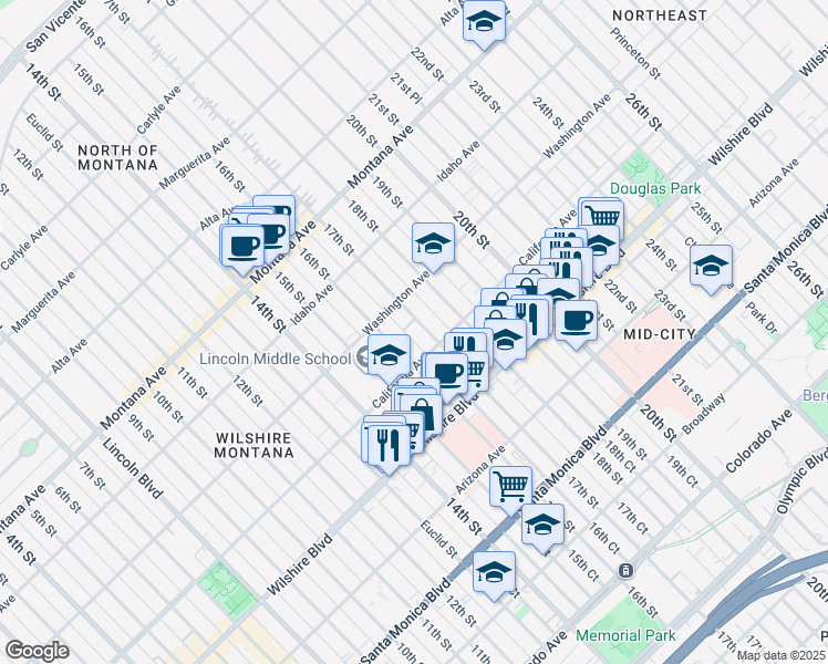 map of restaurants, bars, coffee shops, grocery stores, and more near 1629 California Avenue in Santa Monica