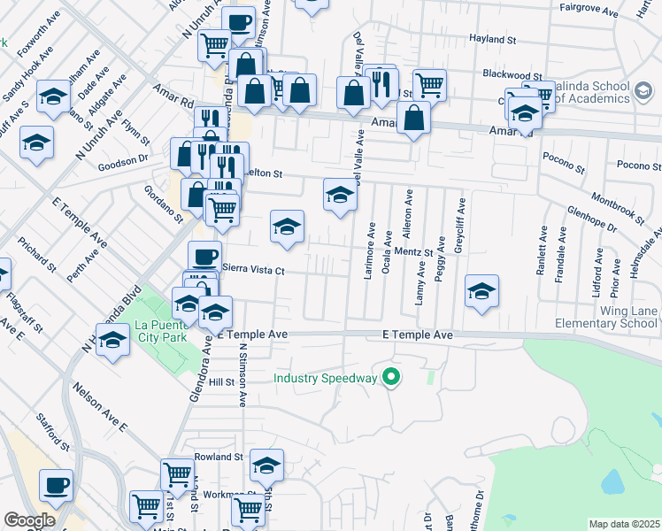map of restaurants, bars, coffee shops, grocery stores, and more near 15921 Sierra Vista Court in La Puente