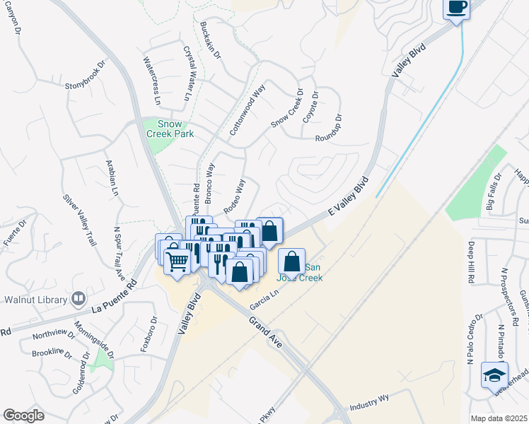 map of restaurants, bars, coffee shops, grocery stores, and more near 22046 Florence Circle in Walnut