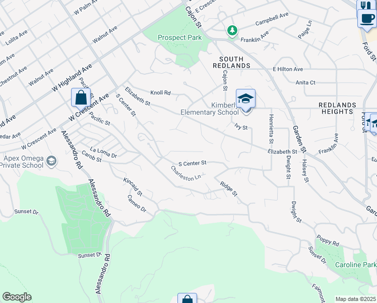 map of restaurants, bars, coffee shops, grocery stores, and more near 651 Center Crest Drive in Redlands