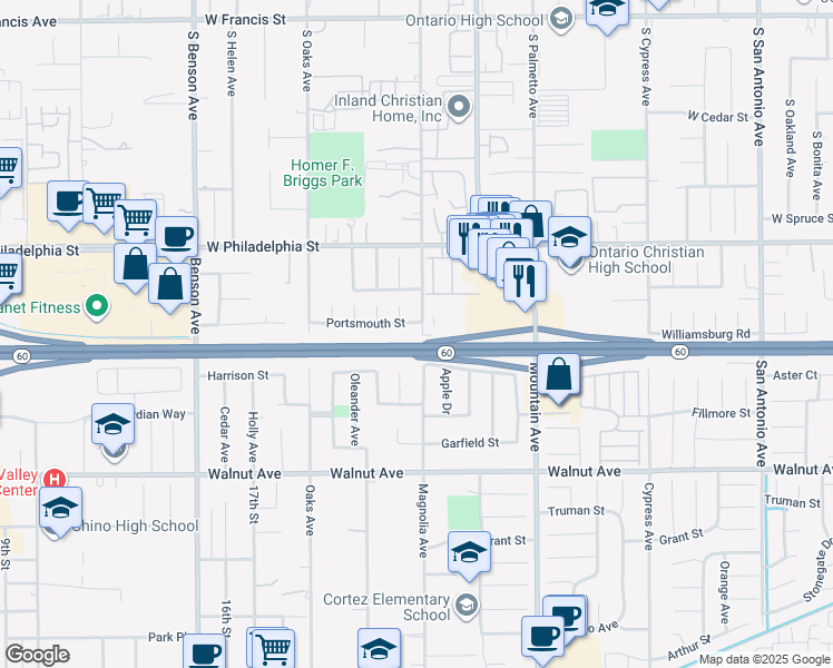 map of restaurants, bars, coffee shops, grocery stores, and more near 6087 Portsmouth Street in Chino